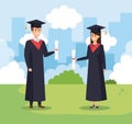 man and woman university graduation with rope and cap