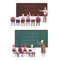 Man and Woman University Professor Standing in Front of Chalkboard Explaining Lesson and Student Sitting on Chair Vector