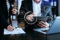 Man and woman using chatbot in computer and tablet smart intelligence Ai.Chat GPT Chat with AI Artificial Intelligence, developed Royalty Free Stock Photo