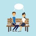 Man woman using laptop sitting wooden bench couple chat bubble character full length over blue background flat Royalty Free Stock Photo