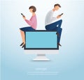 Man and woman using smartphone and sitting on computer with colorful chat box, concept of love online Royalty Free Stock Photo