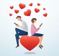 Man and woman using smartphone and sitting on the red heart with many hearts, concept of love online