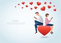 Man and woman using smartphone and sitting on the red heart with many hearts, concept of love online