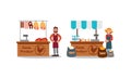 Man and Woman Vendor in Aprons Standing at Street Booth or Stall with Meat and Cereals Vector Illustration Set