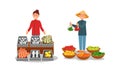 Man and Woman Vendor Standing at Street Booth or Stall with Fish and Vegetables Vector Illustration Set