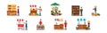 Man and Woman Vendor Standing at Street Booth or Stall with Food Vector Illustration Set