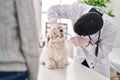 Man and woman veterinarian cleaning teeth of dog at veterinary clinic