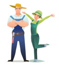 Man and woman villager farmer in overalls. Agricultural worker. Cheerful person. Standing pose. Cartoon comic style