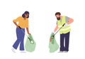 Man and woman volunteer cartoon characters picking garbage into plastic packet cleaning nature