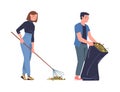 Man and Woman Volunteer Character with Rake and Bag Cleaning Street Gathering Foliage Vector Set