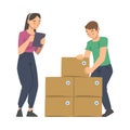 Man and Woman Volunteer with Food Box Engaged in Charity Activity Donating It to Needy Vector Illustration Royalty Free Stock Photo