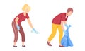 Man and Woman Volunteer Gathering Garbage in Bag for Recycle Vector Set