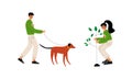 Man and Woman Volunteer Planting Tree and Walking the Dog Engaged in Freely Labour Activity for Community Service Vector