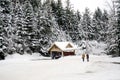 Man and woman walk in a winter snow scene Royalty Free Stock Photo