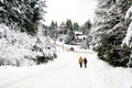 Man and woman walk in a winter snow scene Royalty Free Stock Photo
