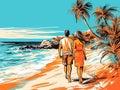 A Man And Woman Walking On A Beach - Back view of a couple on a tropical beach