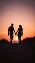 A man and a woman walking on a beach at sunset. AI generative image. Royalty Free Stock Photo