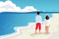 Young couple man and woman walking on the beach hold hands vector illustration Royalty Free Stock Photo