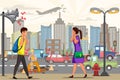 Man and woman walking on the city street covering her ears concept of noise pollution Royalty Free Stock Photo