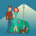 Man and woman walking with a dog. Vector creative color