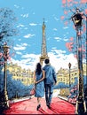 A Man And Woman Walking Down A Sidewalk With A Tower In The Background - honeymoon in paris Royalty Free Stock Photo