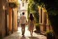 A man and a woman walking down a street together, holding hands, A long shot of a couple walking down a quaint European street Royalty Free Stock Photo