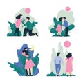Man and Woman Walking, Embracing and Kissing on Nature Set, Romantic Couple, Happy Lovers on Date Vector Illustration
