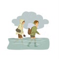 Man woman walking in floodwaters, escaping from flood. Royalty Free Stock Photo