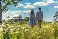 A man and a woman walking to their new home. View from back side. House in the background