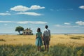 A man and a woman walking to their new home. View from back side. House in the background