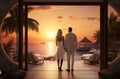 a man and a woman watching the sun rise over sea at a resort, Royalty Free Stock Photo