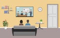 Man and woman watching tv in living room interior. Family relax. Vector illustration