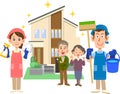 A man and woman wearing aprons holding cleaning tools and a senior couple in front of a shiny house