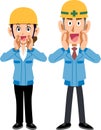 Man and woman wearing blue work clothes wearing helmets calling out loud