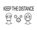 Man and woman wearing protective mask to prevent infection. Virus symbol.Cell microbe. Prevention of covid. Global