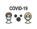 Man and woman wearing protective Medical mask for prevent Wuhan infection. Novel coronavirus 2019-nCoV. Virus symbol