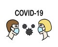 Man and woman wearing protective Medical mask for prevent Wuhan infection. Novel coronavirus 2019-nCoV. Virus symbol