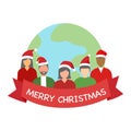 Man and woman wearing Santa Claus hat with earth planet on background. Merry Christmas celebration. Season greetings.