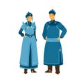 Man and woman wearing traditional mongolian costume. Female character in decorated headdress and national dress. Male