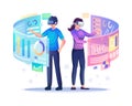 A man and woman wearing virtual reality headsets, touching and analyzing the graphic chart dashboard interface Royalty Free Stock Photo