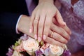 man and woman with wedding ring.Young married couple holding hands Royalty Free Stock Photo