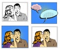 Man and woman whisper pop art comic retro style vector illustration in black and white and colorful versions with speech Royalty Free Stock Photo