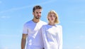Man and woman white clothes sunny day outdoors. True love. Communication problems. Summer romance. Family love. Devotion