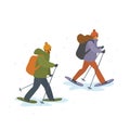 Man and woman winter snowshoeing isolated vector cartoon illustration Royalty Free Stock Photo