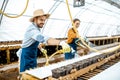 Man and woman working on the farm for snails growing Royalty Free Stock Photo