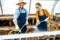 Man and woman working on the farm for snails growing Royalty Free Stock Photo
