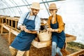 Man and woman working on the farm for snails growing Royalty Free Stock Photo