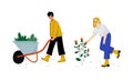 Man and Woman Working in Garden Pushing Wheelbarrow and Cultivating Plant Vector Set