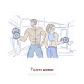 Man and woman working out in gym, bodybuilders couple lifting weight, dumbbells, fitness coaching service banner