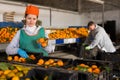 Man and woman working on tangerines sorting line